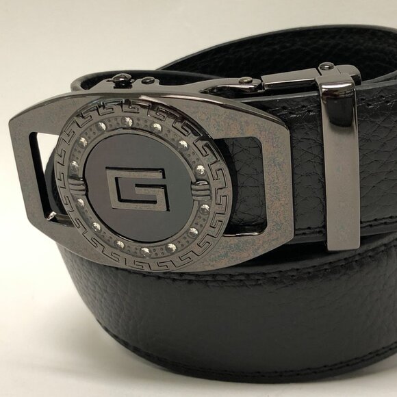 Black Leather Ratchet Belt Automatic Buckle Fits 28in-50in Blue Adjustable 2025‎ - Picture 3 of 4
